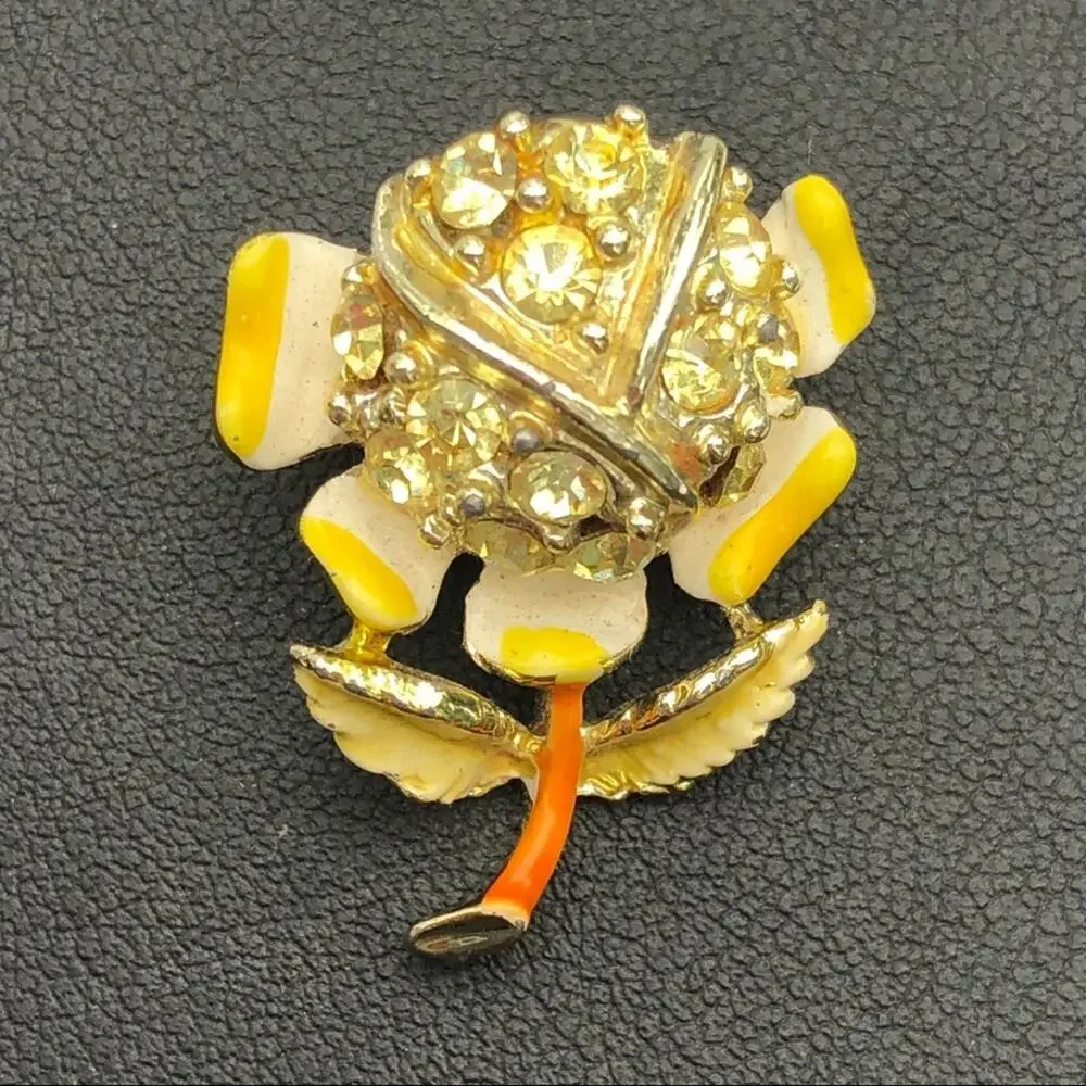 Vintage Yellow Flower Pin, Rhinestones, Enamel White Orange 60s Retro